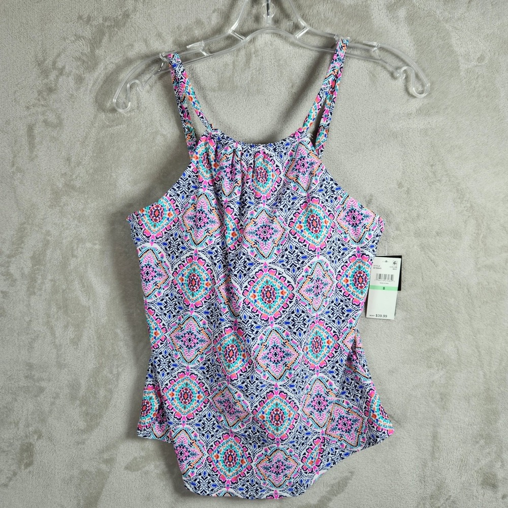 Island Escape Tankini Top Womens 8 White Multicolor Underwire‎ Swimwear Colorful